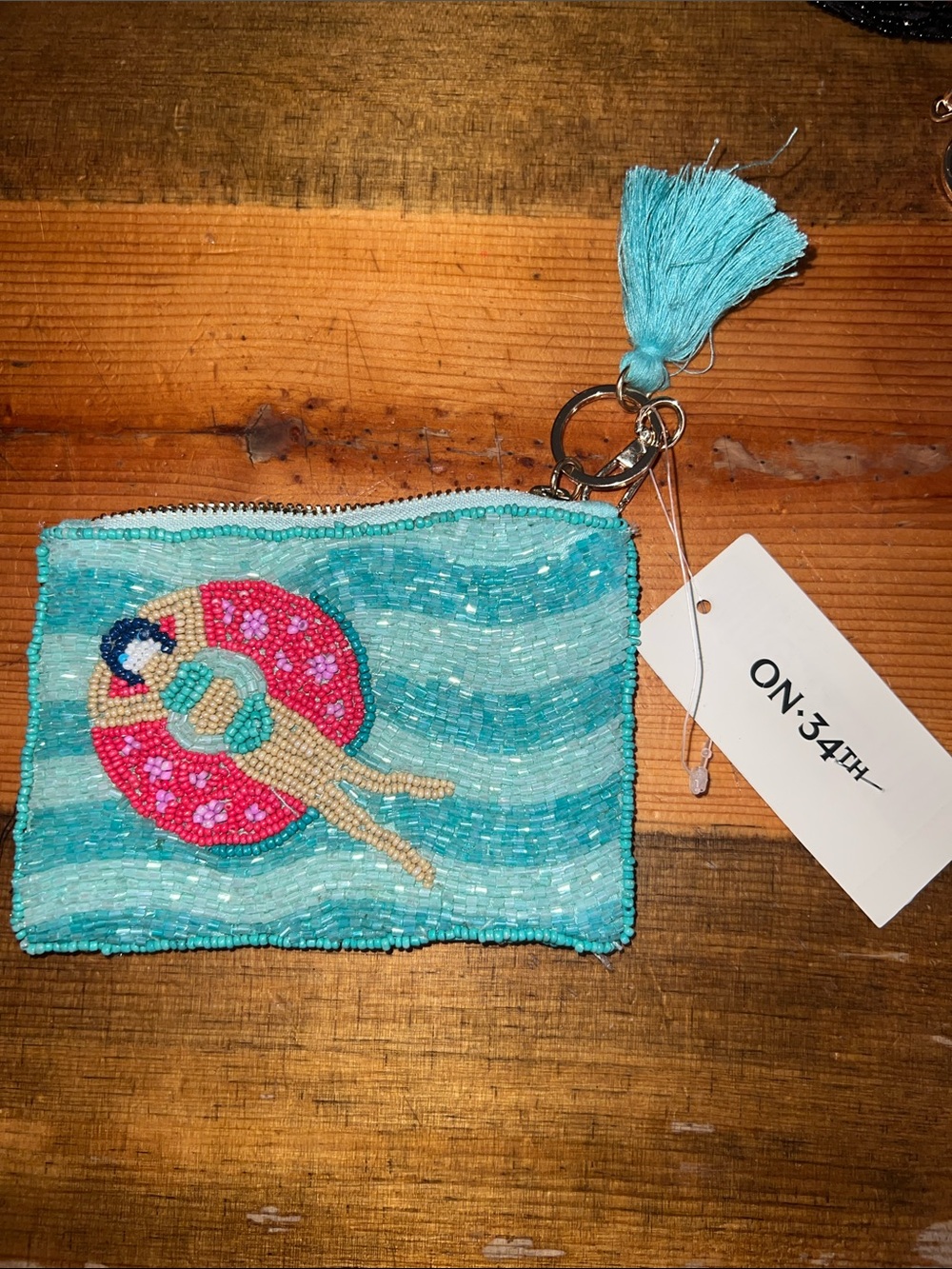On 34th Teal Beaded Wristlet Card Holder with Tassel